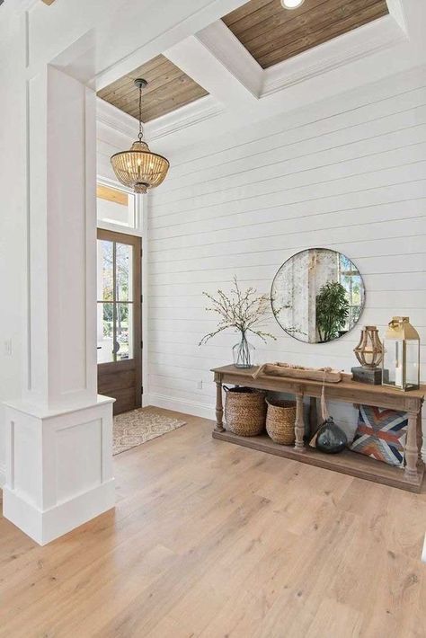 Creating the Perfect Modern Farmhouse: A Shiplap Collaboration with Palm Grove Farmhouse Shiplap Foyer Entryway, Shiplap Foyer, Shiplap Entryway, New Home Build, Open Foyer, Warm Wood Flooring, Morning Room, White Shiplap, Kitchen Ceiling