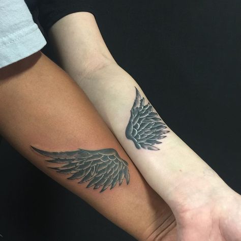 Angel Tattoo Meaning, Angel Wing Tattoos, Angels Tattoo, Pair Tattoos, Baby Angel Tattoo, Couple Tattoos Unique Meaningful, Wing Tattoos, Best Couple Tattoos, Couple Tattoos Unique