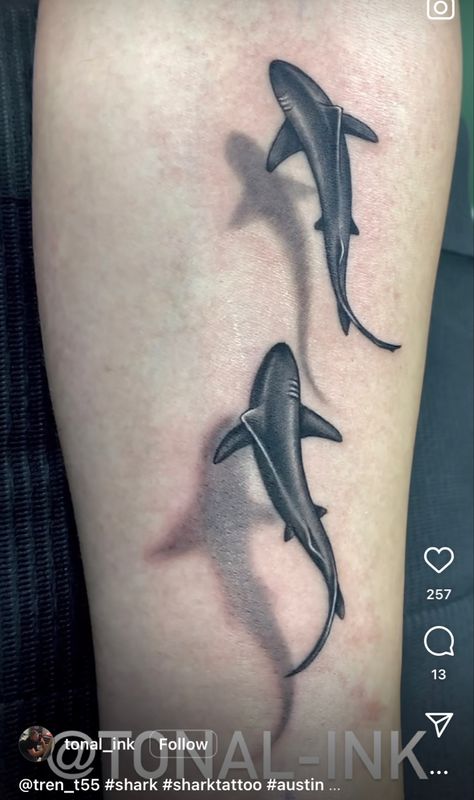 Shark Tattoo Silhouette, Stingray Shadow Tattoo, Small Tattoos Animals Simple, Cobia Fish Tattoo, White Shark Tattoo Design, Sharks Tattoo Ideas, One Line Orca Tattoo, 2 Sharks Tattoo, Scuba Tattoos For Guys