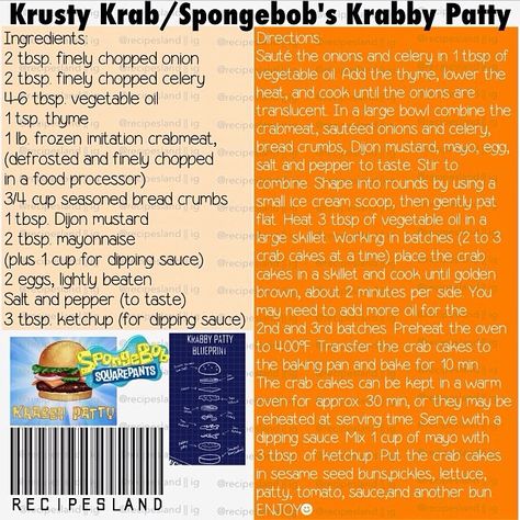 SpongeBob Krabby Patty Recipe Spongebob Krabby Patty Recipe, Krabby Patty Secret Formula, Nickelodeon Recipes, Spongebob Recipes, Hot Presidents, Krabby Patty Recipe, Spongebob Krabby Patty, Movie Recipes, Crabby Patties