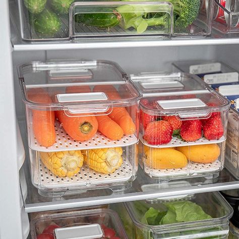 Stackable Bins: Elabo Food Storage Containers Fridge Produce Saver Produce Containers, Produce Storage, Pantry Fridge, Freezer Organization, Best Refrigerator, Fruit And Vegetable Storage, Fridge Storage, Vegetable Storage, Refrigerator Organization