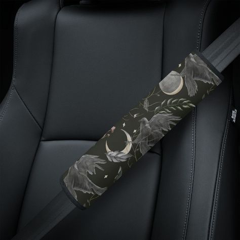 - stylish and protective seat belt cover with moon and stars print. Perfect for adding a touch of style to your car interior. #seatbeltcover #caraccessories Witchy Car Accessories, Goth Car Interior Decor, Gothic Car Decor, Decorating My Car Interior, Witchy Car Decor, Goth Car Decor, Backseat Car Decor, Dark Moon Aesthetic, Goth Car Interior