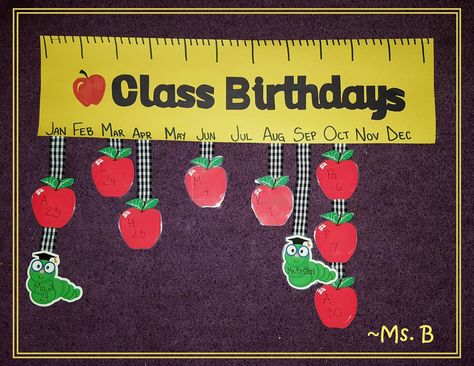 Simple Class Birthday bulletin board for September. Got it from another Pinterest idea, except I just used construction paper for the ruler, an old name tag set for the apples & book worms, and some matching ribbon I'd found in the storage room :) September Birthday Boards Preschool, Apple Birthday Board, Back To School Birthday Bulletin Boards, Bulletin Boards For September, September Birthday Board, Ukg Class Decoration Ideas, Birthday Bulletin Board Ideas, Apple Theme Classroom, Apple Bulletin Boards