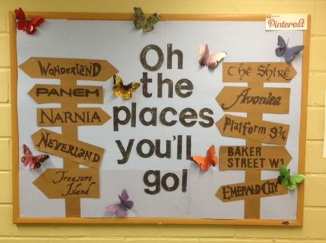 Oh the places you'll go! Summer bulletin board Reading Takes You Places Bulletin Board, Travel Bulletin Boards, Travel Classroom, School Library Book Displays, Elementary School Bulletin Boards, Summer Bulletin Board, Class Bulletin Boards, Interactive Bulletin Boards, Dr Seuss Activities