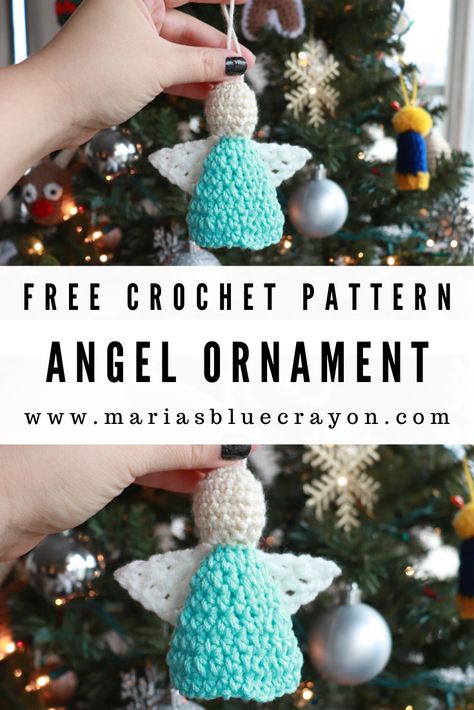 Crochet this Christmas ornament for your tree! Add a handmade touch with this free crochet angel pattern. #crochet #ornament #Christmas Size 3 Crochet Thread Patterns, Crochet Angel Ornament, Crochet Reindeer, Crochet Angel Pattern, Christmas Amigurumi, Blue Crayon, Crochet Angels, Crochet Cup Cozy, Crochet Angel