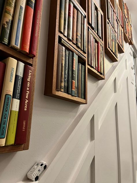 Bookshelf In Wall, Recessed Bookshelves, Recessed Bookshelf, Stair Bookshelf, Between The Studs, Usa Living, Wall Bookshelf, Book Boxes, Community Living