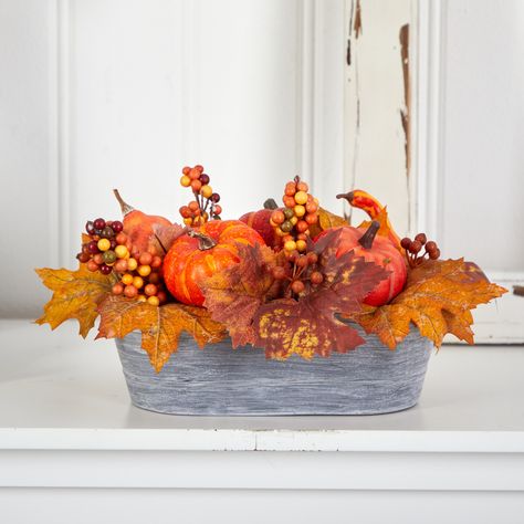 Chic Modern Farmhouse, Colored Pumpkins, Artificial Pumpkins, Fall Floral Arrangements, Wood Basket, Artificial Foliage, Fall Arrangements, Silk Floral Arrangements, Chic Farmhouse