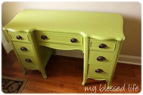 Easy DIY Projects on a Dime: Brightly Painted Furniture Home Depot Colors, Desk Redo, Green Painted Furniture, Old Vanity, Green Vanity, Green Desk, Painted Desk, Desk Makeover, Green Furniture