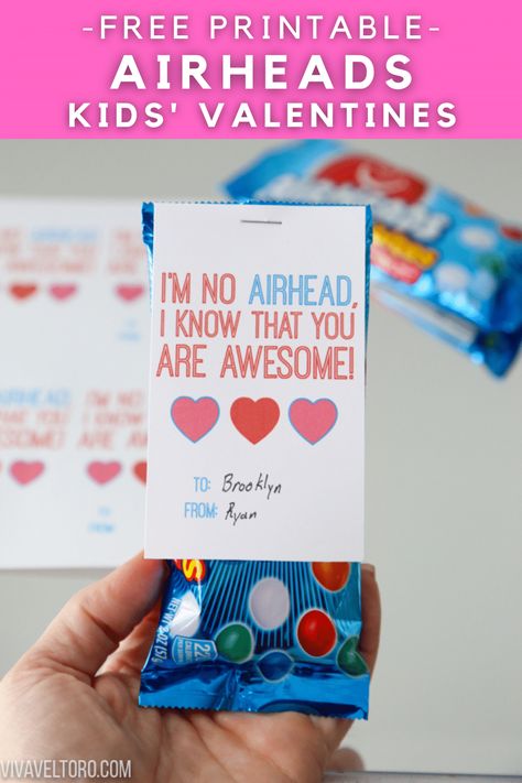 Airheads valentine Airhead Valentine Printable Free, Last Minute Valentines For School, Valentines For Older Boys, Airhead Valentine Printable, Air Head Valentine Printable, Middle School Valentine Ideas, Airhead Valentines Ideas, Middle School Valentines, Free Printable Valentines Tags