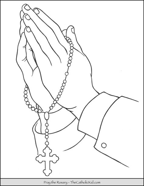 Rosary Hands Praying Coloring Page - TheCatholicKid.com Pray Hands Drawing, Rosario Drawing, Praying Hands With Rosary Drawing, Giving Hands Drawing, Praying Drawing Pose, Praying Hands Tattoo Stencil, Hands For Drawing, Prayer Hands Drawing, Prayer Drawing