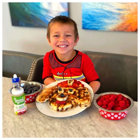 Paw Patrol (Marshall) Breakfast: Chocolate Chip Pancakes with a Strawberry Hat, Banana and Blueberry Eyes and a Blueberry, Strawberry Mouth Paw Patrol, Pancakes, Cereal