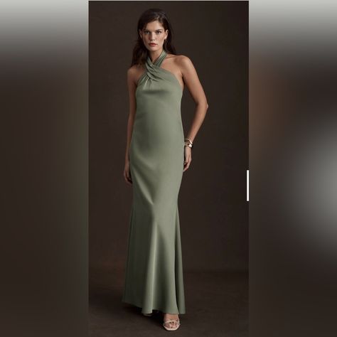 Bhldn Ruby Twist Halter Satin Gown Color Is Mose Never Worni Ended Up Ordering Another Size For A Wedding I Was In. It’s Literally Brand New. Bhldn Ruby, Charmeuse Bridesmaid Dress, Velvet Halter Dress, Blush Pink Maxi Dress, Moss Color, Charmeuse Dress, Bhldn Dresses, Bhldn Dress, Georgette Dress