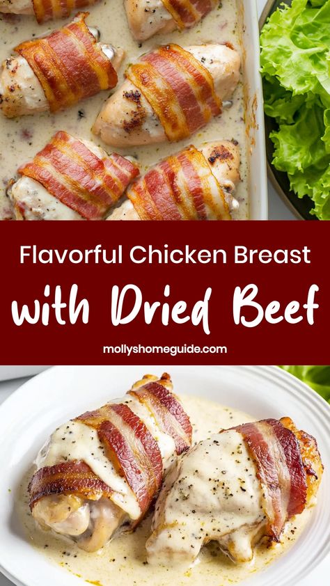 Indulge in a savory and satisfying meal with this delicious recipe for chicken breast with dried beef. This dish offers a perfect blend of flavors and textures that will surely tantalize your taste buds. Whether you're cooking for yourself or hosting a dinner party, this dish is sure to impress. The combination of tender chicken breast and the rich flavor of dried beef creates a unique culinary experience that will keep you coming back for more. Try this recipe today and elevate your dining expe Chicken With Dried Beef, Chicken With Dried Beef And Bacon, Party Chicken With Dried Beef, Party Chicken, Delicious Chicken Breast Recipes, Tender Chicken Breast, Bacon Wrapped Chicken, Baked Chicken Recipes, Chicken Flavors