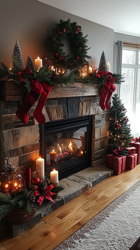 Cozy up this Christmas with a warm and inviting fireplace scene! 🔥🎄 The rustic stone hearth, adorned with lush green garlands, red ribbons, and glowing candles, perfectly captures the festive spirit. 🎁✨ A magical blend of tradition and warmth fills the air. #Christmas #fireplace #cozy #holiday #decor #home #warm #festive #garlands #candles #gifts #rustic Red Christmas Fireplace Decor, Christmas Living Room Traditional, Xmas Decorations Fireplace, Traditional Christmas Decor Aesthetic, Cozy Red Christmas Decor, Fireplace Christmas Decorations Simple, Fireplace Home Decor, Fireplaces Decorated For Christmas, Christmas Decor Ideas Chimney