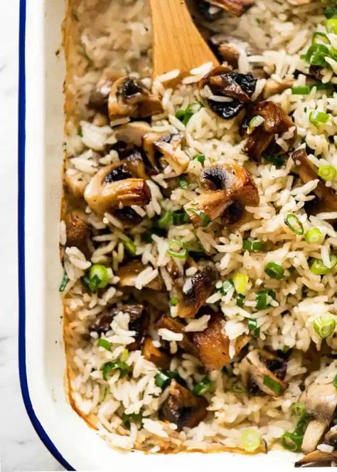 Baked Mushroom Rice, Mushroom Rice Recipes, Baked Mushrooms, Fluffy Rice, Mushroom Rice, Rice Side, Baked Rice, Rice Side Dishes, Recipetin Eats