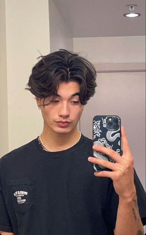 Asian Middle Part Hair Men Perm, Medium Length Hair Men Wavy Middle Part, Low Taper Middle Part Asian, Asian Wavy Perm Middle Part Men, Masc Haircuts Middle Part, Pushback Middle Part Men, Black Hair Middle Part Guy, Long Hair Haircuts Men, Textured Middle Part Men