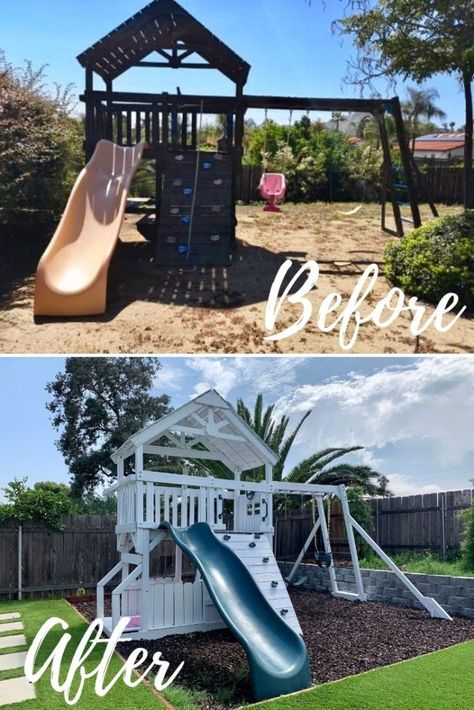 Refurbished Playset, Playhouse Swingset, Playground Makeover, Outdoor Jungle Gym, Wood Playground, Office Chair Makeover, Playhouse Makeover, Wood Playhouse, Backyard Kids