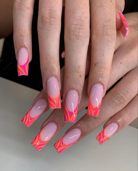 Orange And Pink Nail Designs, Pink And Orange Nail Designs, Monthly Nails, Orange Pink Nails, Nails Pink And Orange, Pink Orange Nails, Orange And Pink Nails, Pink And Orange Nails, Holiday Acrylic Nails