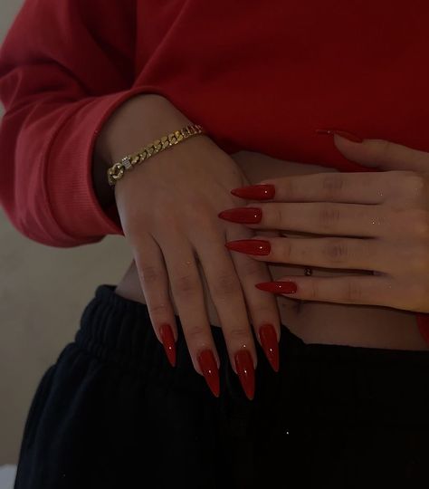 Red Long Almond Nails, Baddie Red Nails, Coffin Red Nails, Red Coffin Nails, Red Bottom Nails, French Tip Pedicure, Red Chrome Nails, Grey Acrylic Nails, Long Red Nails