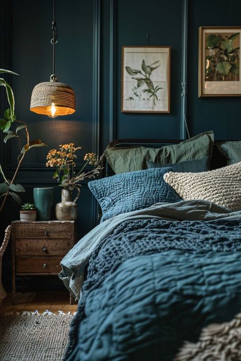 A masculine boho bedroom design is a great choice for achieving a rustic and modern mix, but it’s not that easy. Dark Teal Bedding, Black Boho Bedroom, Dark Teal Bedroom Ideas, Masculine Boho Bedroom, Dark Teal Bedroom, Masculine Boho, Teal Bedroom Ideas, Moody Beach, Beachy Bedroom