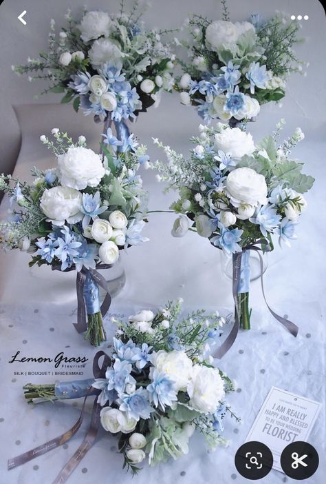 Grey Tuxedo Wedding With Blue, Wedding Flower Blue And White, Dust Blue Bouquet, Simple Bridesmaid Bouquets Dusty Blue, Wedding Candle Stand, Powder Blue Wedding Bouquet, Light Blue And White Roses Bouquet, Wedding Blue Florals, Dusty Blue Wedding Bouquet Bridesmaids