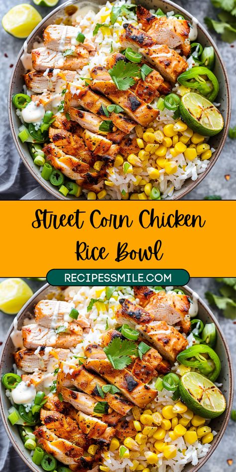 Create a vibrant and hearty Street Corn Chicken Rice Bowl with seasoned chicken, creamy street corn sauce, and fresh veggies. Perfect for a quick, satisfying meal packed with flavor and nutrition. Street Corn Sauce, Creamy Street Corn, Chicken Rice Bowl Recipe, Street Corn Chicken, Corn Sauce, Meals In A Bowl, Rice Bowls Healthy, Lite Meals, Chicken Rice Bowl