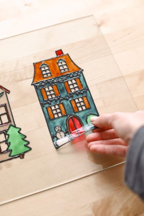 Make Your Own Christmas Village Window Clings — Entertain the Idea Christmas Advent Calendar Window Display, Advent Window Ideas Diy, Window Craft Ideas, Advent Window Ideas, Window Clings Diy, Diy Window Clings, Diy Christmas Window, Christmas Content, Diy Stained Glass Window