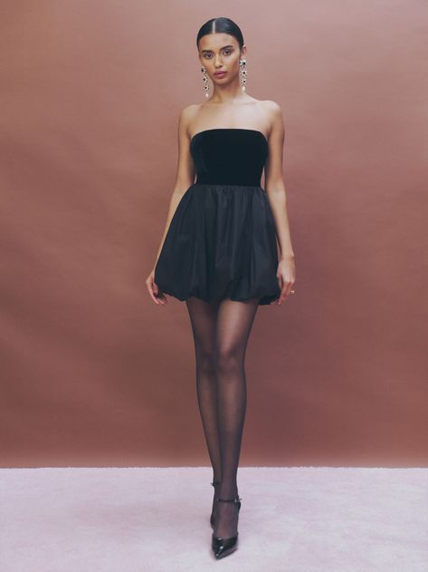 Reformation 2023, Holiday Party Outfit 2023, Short Dress With Stockings Outfit, Holiday Campaign, Holiday Cocktail, Bubble Dress, Bubble Skirt, Reformation Dress, Holiday Party Outfit