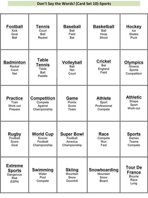 Don't Say the Words! (Advanced: Sports) - 30 Seconds Game Cards, Classroom Sel, Taboo Cards, Taboo Words, Recreation Activities, Taboo Game, English Club, Esl Games, Opposite Words