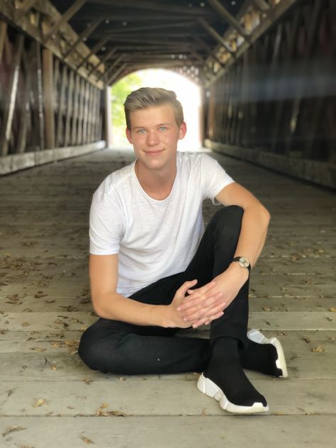 Senior Picture Ideas For Guys Bridge, Senior Picture Ideas Covered Bridge, Bridge Senior Pictures Boy, Covered Bridge Senior Pictures, Senior Photo Ideas For Boys, Covered Bridge Photoshoot, Bridge Senior Pictures, Senior Photoshoot Ideas For Guys, Football Senior Photos