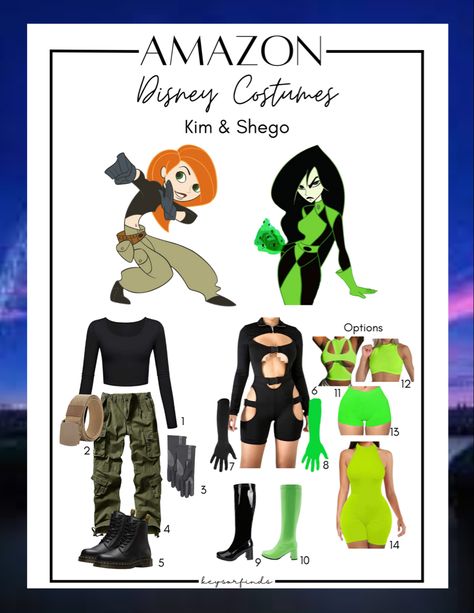 Halloween Rave Costume Ideas, Kimpossible Halloween Costumes, Diy Shego Costume, Kim Possible And Shego Costume, She Go Costume, Green Costume Ideas For Women, Shego Inspired Outfits, Shego Halloween, Kim Possible Halloween Costume