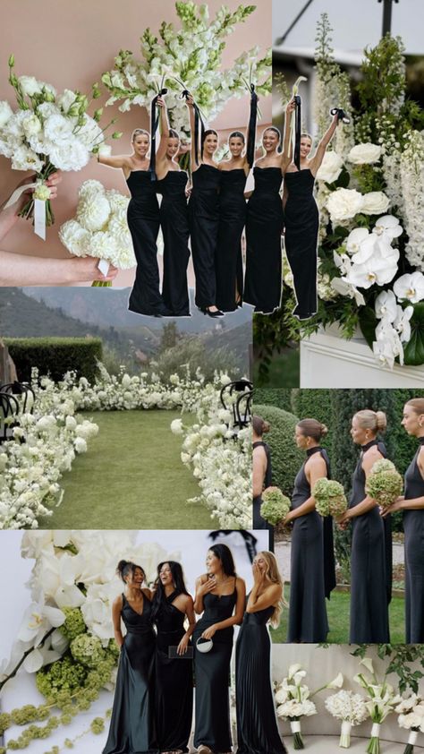 Green & white florals with black bridesmaids dresses Black Bridesmaid Dresses Garden Wedding, Black Wedding Party Bridesmaid, Black Bridesmaid Dresses Green Bouquet, Black Wedding Theme Bridesmaid Dress, Green Black And White Wedding Decor, Fall Wedding Bridal Party Colors, Black White Green Wedding Theme, Black And Green Bridesmaid Dresses, Black Pink Green Wedding