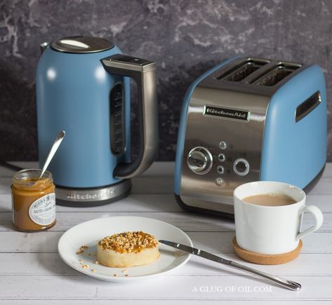 Crumpets Toppings, Kitchenaid Kettle, Blue Toaster, Kitchenaid Toaster, Blue Electric, Kettle And Toaster, Food Chopper, Crumpets, Hand Mixer