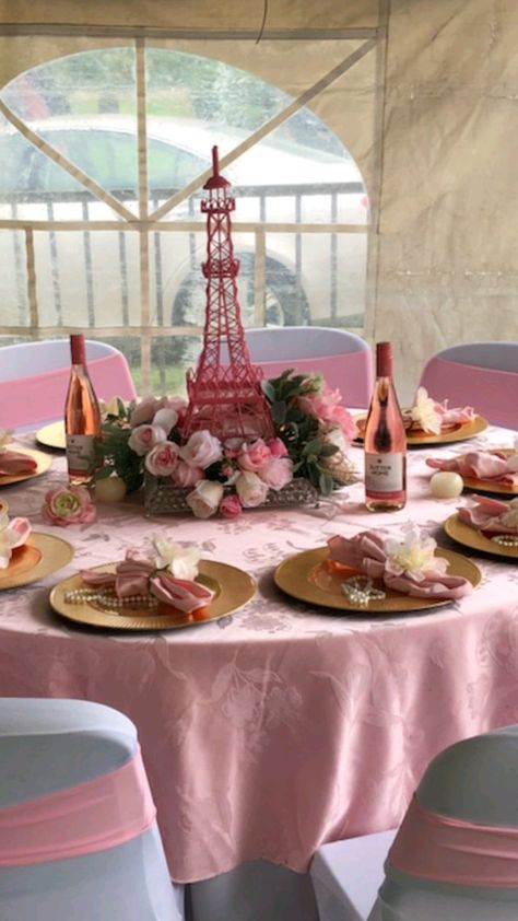 Paris bridal shower Paris Theme Party Centerpieces, Night In Paris Quincenera, Paris Theme Table Setting, French Centerpieces Paris Theme, Parisian Tea Party Decor, Paris Sweet 16 Decorations, Paris Inspired Wedding, Paris Table Setting Ideas, Paris Party Theme Decorations