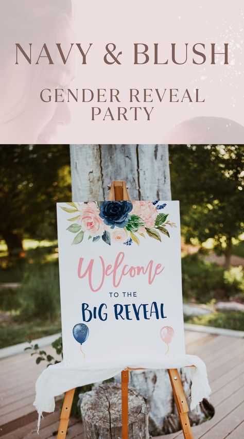 Pink Gender Reveal, Themed Gender Reveal, Simple Gender Reveal, Gender Reveal Baby Shower Themes, Gender Reveal Signs, Navy And Blush, Gender Reveal Games, Gender Reveal Party Theme, Gender Reveal Decorations