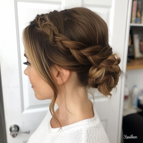 Soft Braided Updo for Long Hair Medium Length Low Updos, Wedding Updo Thick Long Hair, Plaited Up Do Hairstyles, Updos For Long Hair With Braids, Updos With Braids For Medium Length Hair, Easy Updos With Braids, Medium Length Formal Hairstyles Updo, Braided Bun Hairstyles Wedding, Braided Messy Updo