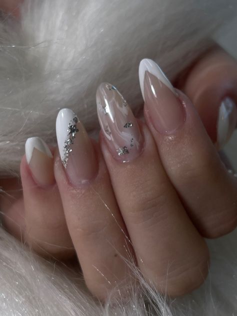 White Nail Silver Tip, White Nails With Silver Foil, Hoco Party, Hoco Nails, Cute Nail Colors, White And Silver Nails, White Nail Designs, Clean Nails, Silver Nails