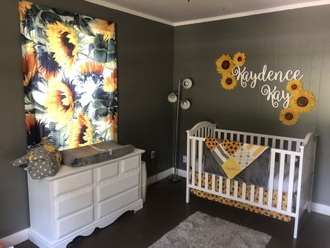 Sunflower Nursery🌻 by Chaise Hallman #sunflower #babygirlnursery #yellowandgrey #sunflowernursery Sunflower Cow Nursery, Nursery Ideas Sunflower, Cow Print And Sunflower Nursery, Sunflower Theme Nursery, Sunflower And Cow Nursery, Sunflower Baby Room Nurseries, Sunflower Nursery Theme Girl, Sunflower Nursery Ideas, Sunflower Baby Nursery