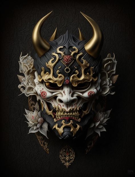 Samurai Mask Tattoo, Mascara Oni, Natur Tattoo Arm, Japanese Oni Mask, Masks Japanese, Oni Samurai, Hannya Mask Tattoo, Japanese Art Samurai, Samurai Tattoo Design