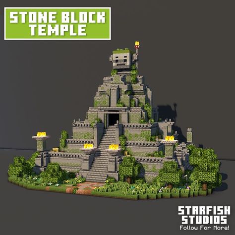 Stone block temple in minecraft. leaves all around and fire lights up the structure Minecraft Pyramid, Temple Minecraft, Minecraft Temple, Minecraft Building Designs, Minecraft Statues, Jungle Temple, Zed League Of Legends, Minecraft Interior, Bangunan Minecraft