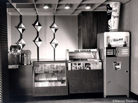 Modern Movie Theater, Cinema Concession, Movie Theater Concession Stand, Movie Theater Lobby, Theater Lobby, Art Deco Facade, Concession Stands, Candy Display, Concession Stand