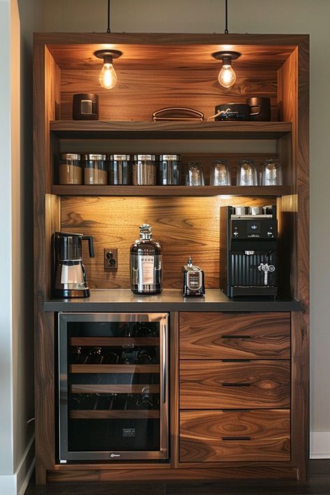 Home Bar And Coffee Station, Pantry With Coffee Station, Bar And Coffee Station Ideas, Koffie Stations, Coffee Bar In Kitchen, Bar In Kitchen, Kitchen Coffee Station, Home Coffee Station, Office Coffee Station