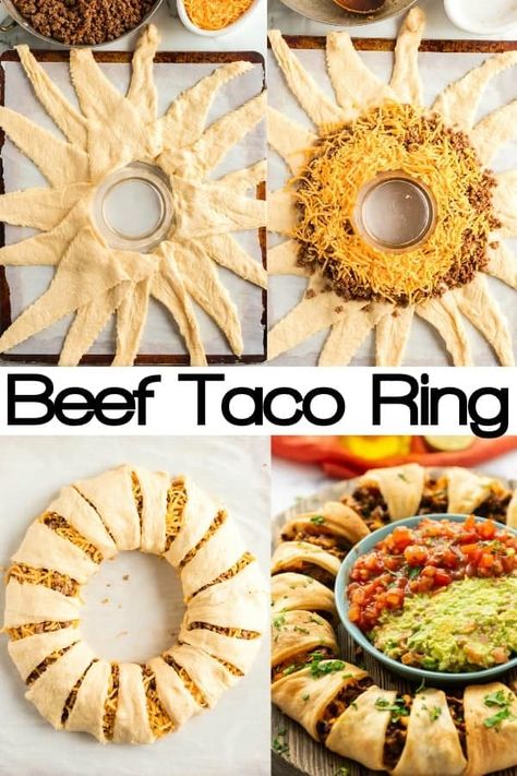 Crescent Rolls Ground Beef, Crescent Roll Taco Ring, Taco Crescent Ring, Taco Ring Recipe, Crescent Ring Recipes, Taco Appetizers, Appetizer For A Crowd, Crescent Roll Recipes Dinner, Taco Ring