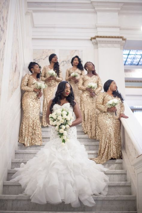 Bridesmaid Dresses With Long Sleeves, Dresses With Long Sleeves, Snap Photography, African American Weddings, Mermaid Bridesmaid, Gold Mermaid, White Mermaid, Gold Bridesmaids, Mermaid Bridesmaid Dresses