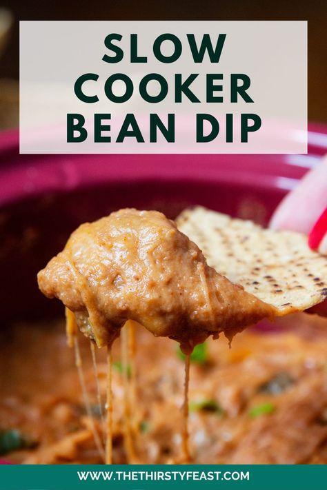 This slow cooker bean dip with cream cheese is the perfect game day party dip. Simple ingredients - cheese, green onions, and cream cheese are the base for this easy cheesy bean dip. Slow Cooker Bean Dip Recipes, Slow Cooker Bean Dip, Crockpot Bean Dip With Cream Cheese, Bean And Cheese Dip Crockpot, Black Bean Cheese Dip, Cream Cheese Bean Dip Recipes, Cold Bean Dip Recipes, Bean Dip Crockpot, Crockpot Bean Dip