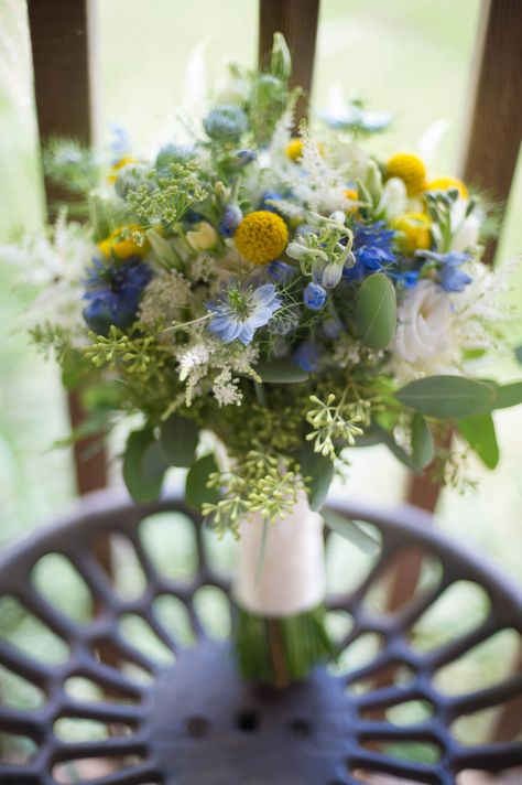 Blue, Green, and Yellow Wildflower Bridal Bouquet Blue Wedding Flower Arrangements, Yellow Flower Centerpieces, White Flower Centerpieces, Blue Yellow Weddings, Yellow Bridal Bouquets, Wildflower Bridal Bouquets, Yellow Wedding Colors, Yellow Wedding Theme, Green Wedding Bouquet