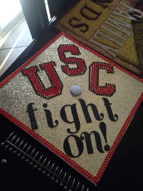 I decorated my Friend's high school graduation cap. She loved it! Usc Grad Cap, Usc College, Senior Painted Jeans, Friends High, College Vision Board, High School Graduation Cap, College Graduation Cap Decoration, Manifesting Dreams, Grad Cap Designs