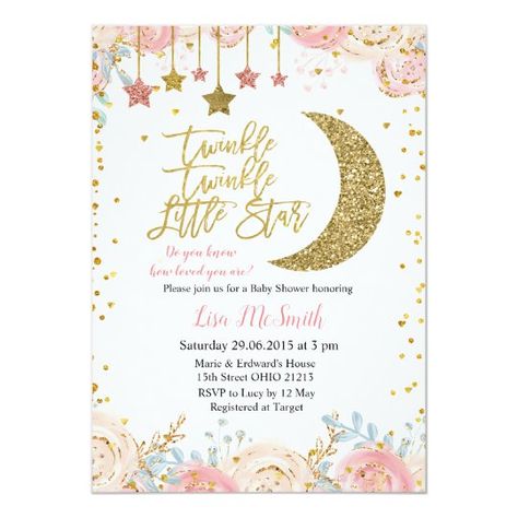 Gold Pink Twinkle Twinkle Little Star Baby Shower Invitation Moon Baby Shower Invitation, Spring Birthday Party, Star Baby Shower Invitations, Rustic Baby Shower Invitations, Moon Baby Shower, Gold Baby Shower, Boho Baby Shower Invitations, Woodland Baby Shower Invitations, Baby Shower Invitaciones