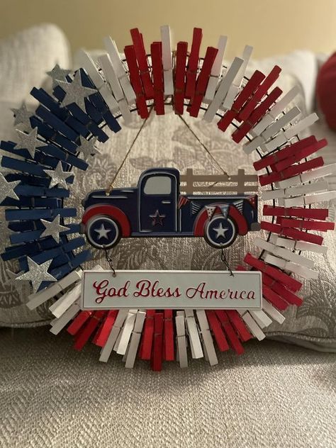 Dollar Tree Crafts & DIY with Instructions! + Freebies! 🥳 | Fourth of July clothespin wreath I made for a friend all the stuff came from DT except the stars I got them from Amazon￼ | Facebook Dollar Tree Crafts Diy, Mickey Wreath, Clothespin Wreath, Americana Crafts, Clothes Pin Wreath, Dollar Tree Crafts, Tree Crafts, 4th July, God Bless America