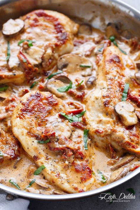 A Creamy Sun Dried Tomato Parmesan Chicken with Mushrooms that is Gluten Free and made with NO HEAVY CREAM.....or ANY cream.....at ALL! | http://cafedelites.com No Heavy Cream, Tomato Parmesan, Chicken With Mushrooms, Chicken Entrees, Turkey Dishes, Parmesan Chicken, Chicken Main Dishes, Sun Dried Tomatoes, Dried Tomatoes